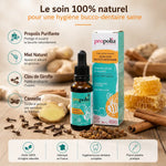 Soin bucco-dentaire Propolia Propolis Miel Girofle avec ingrédients naturels sur bois