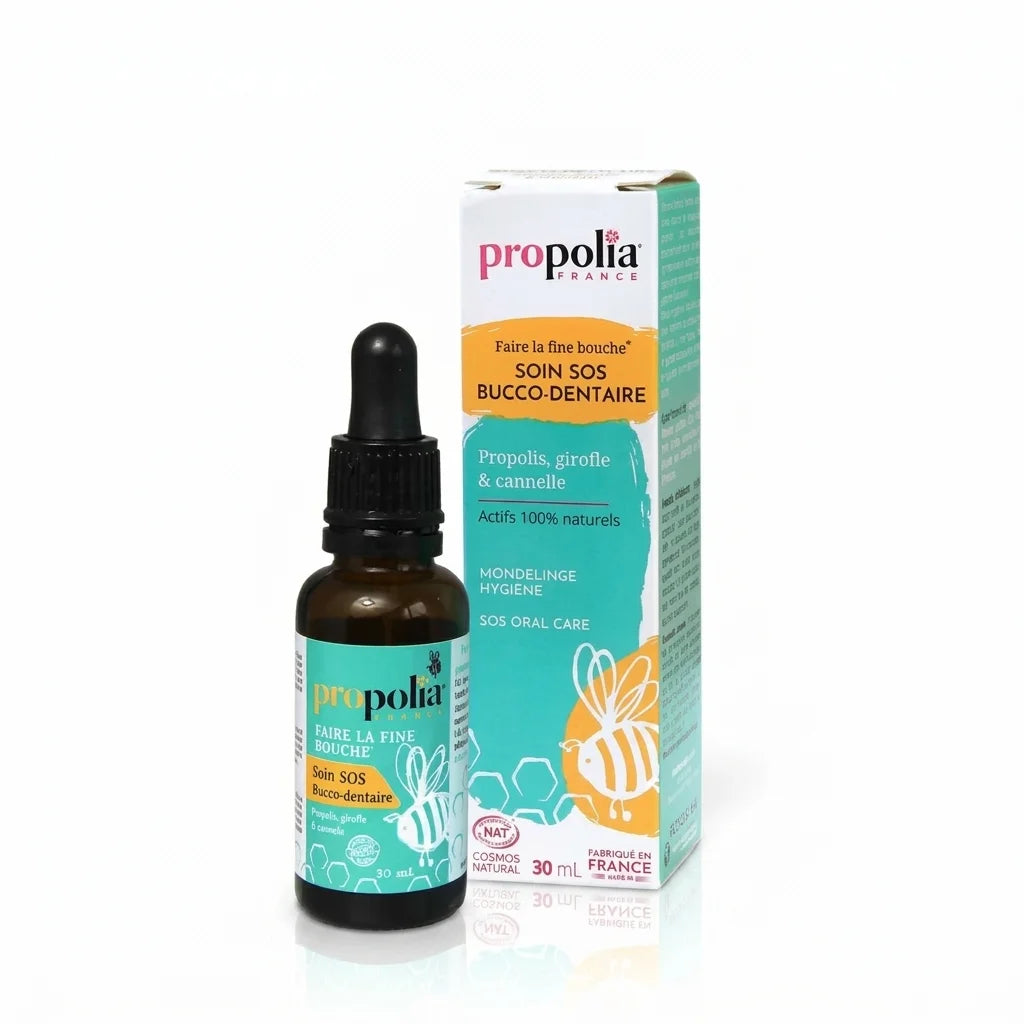 Flacon Propolis Miel & Girofle Propolia - Soin bucco-dentaire S.O.S avec boîte turquoise