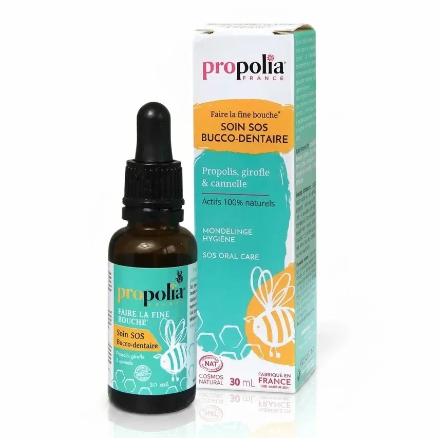 Flacon Propolis Miel & Girofle Propolia - Soin bucco-dentaire S.O.S avec boîte turquoise