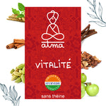 Virya Bio Vitalité sachets Atma avec infographie des bénéfices : énergie, récupération, sans théine