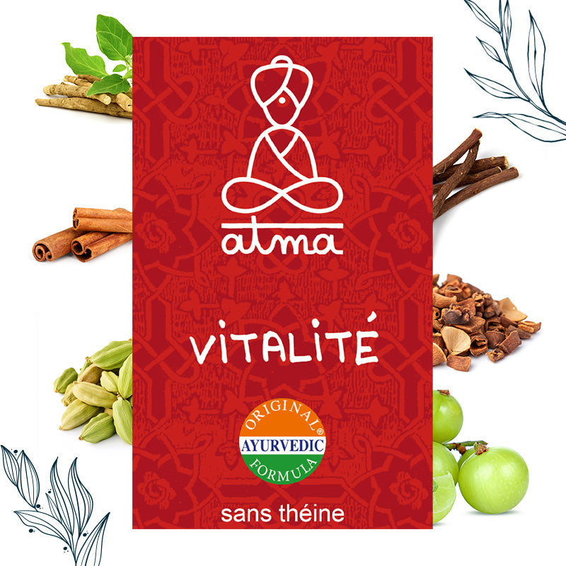 Virya Bio Vitalité sachets Atma avec infographie des bénéfices : énergie, récupération, sans théine