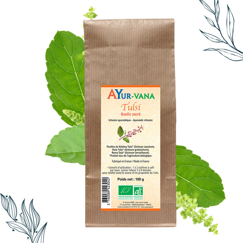 Sachet de 100 g de Tulsi bio en vrac de la marque AYur-vana