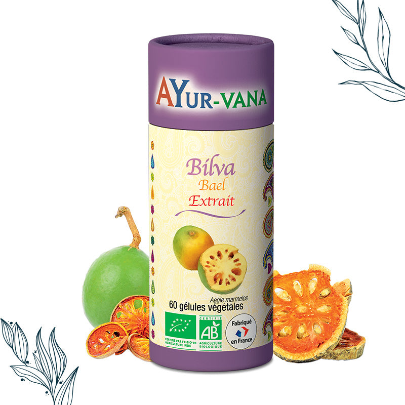 Pilulier de 60 gélules d'extrait de bilva bio de la marque ayurvana