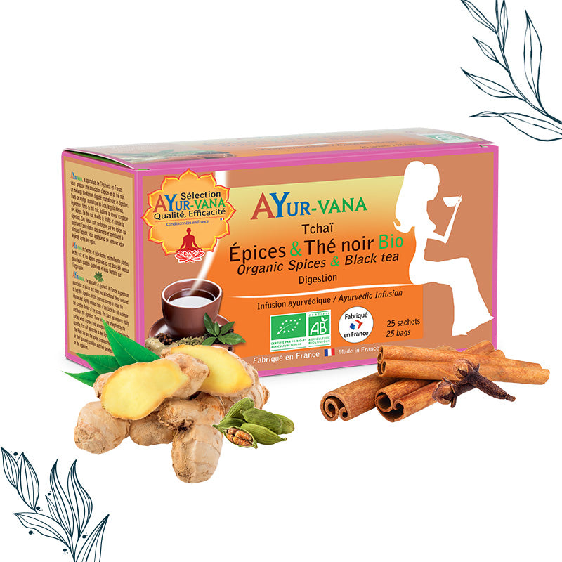 Boîte de 25 sachets d'infusion Epice et thé noir bio de la marque ayurvana