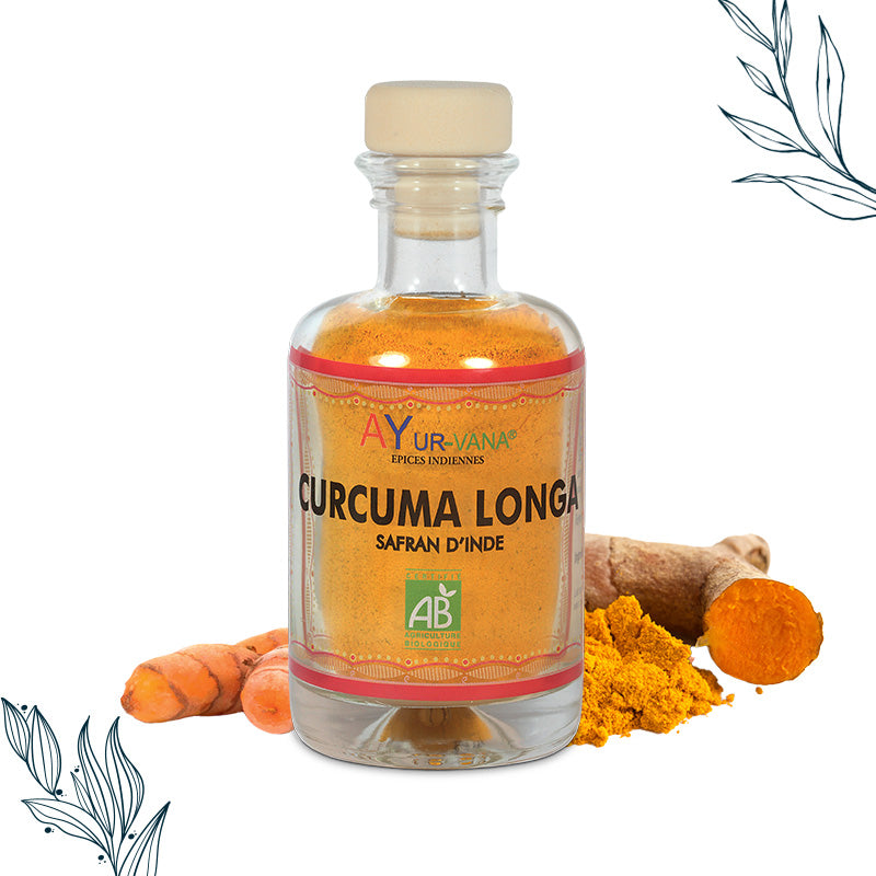 Flacon de 50g d'épices de curcuma longa bio de la marque Ayurvana