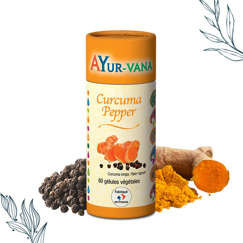 Pilulier de 60 gélules de Curcuma Pepper de la marque Ayurvana