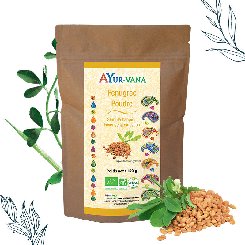 Sachet de 150 g de poudre de fenugrec bio de la marque Ayurvana