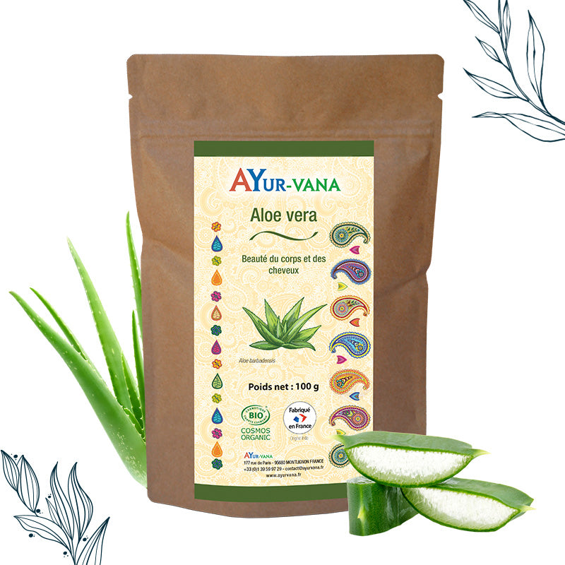 Aloe vera en poudre dans un sachet de 100g certifié bio d'Ayurvana