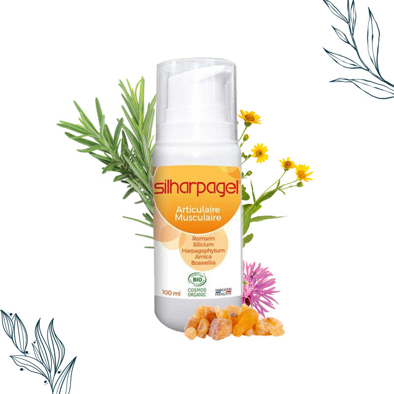 Silharpagel certifié bio en flacon avec ingrédients naturels : romarin, arnica, etc.