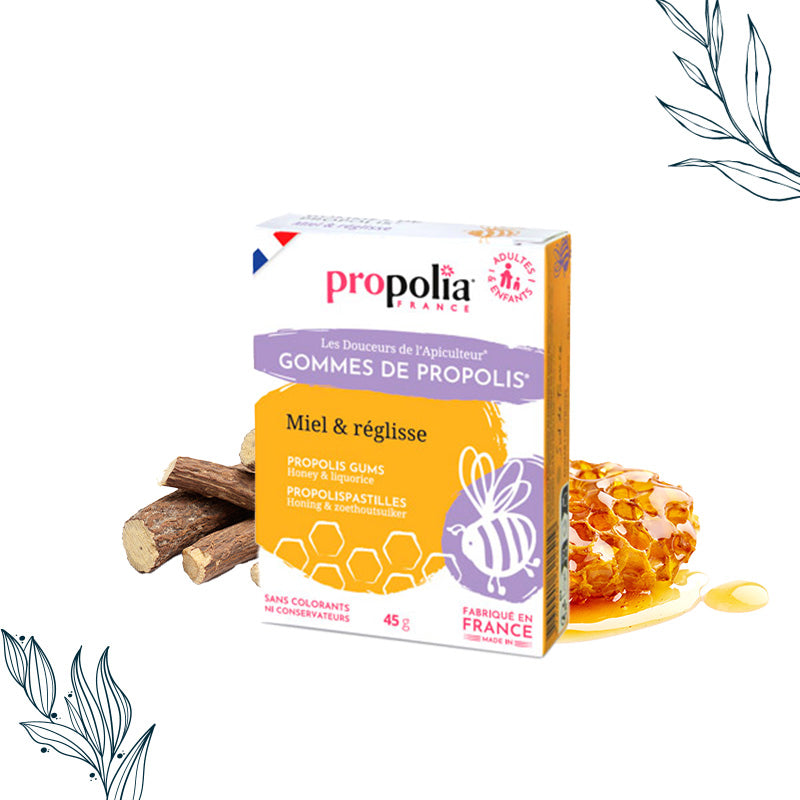 Boîte de 45 g de gommes de propolis Réglisse et Miel de la marque Propolia