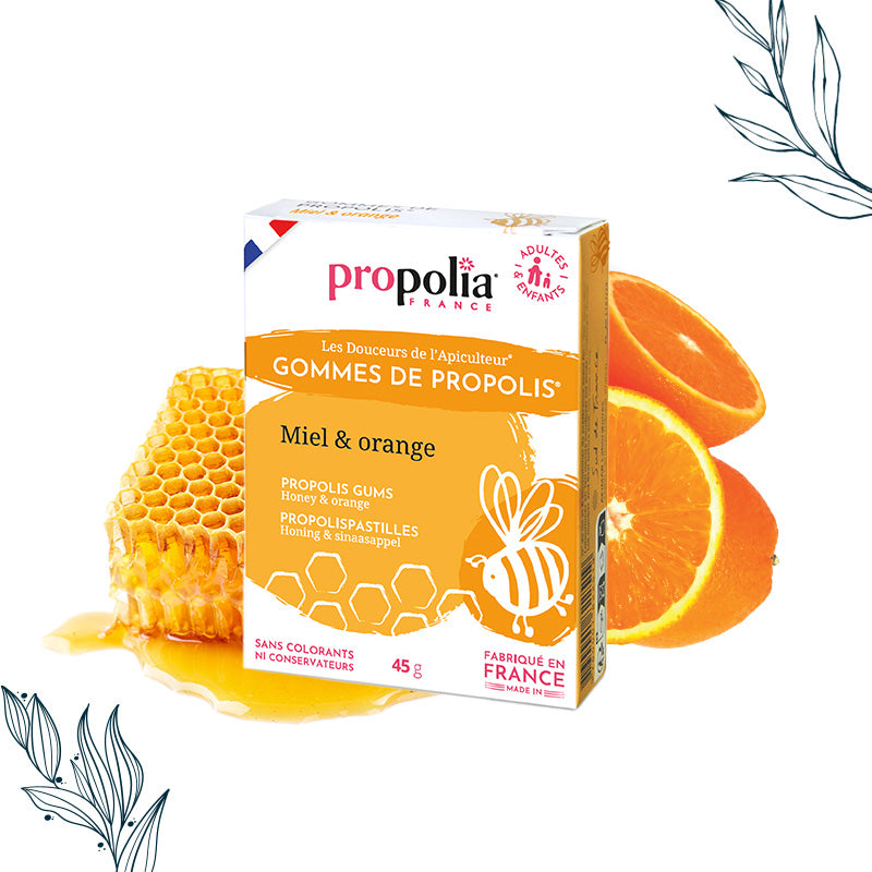 Boîte de 45 g de gommes de propolis miel et orange de la marque Propolia