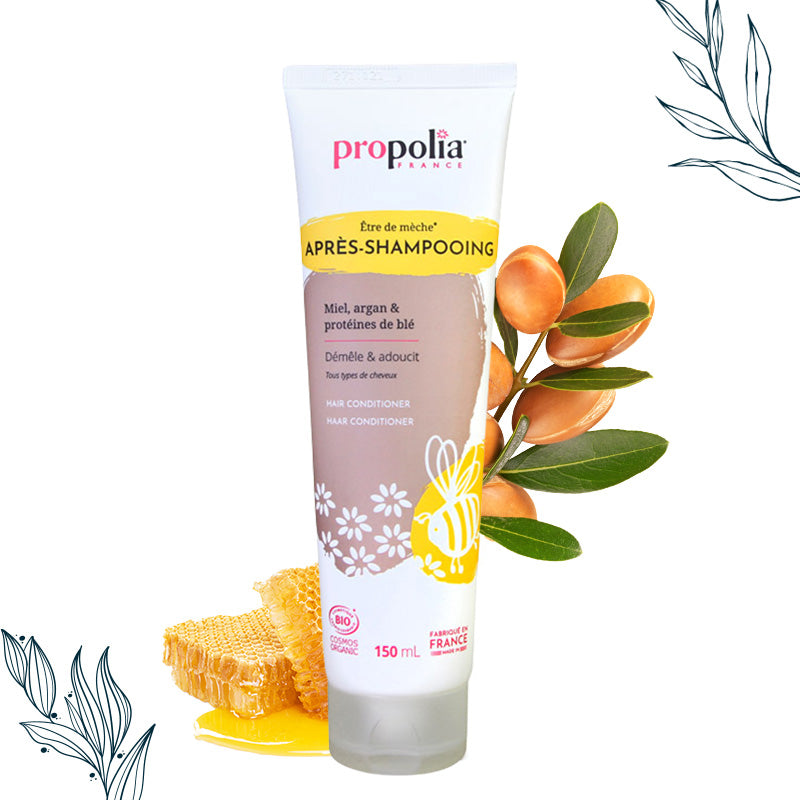 Tube de 150 ml d'aprèes-shampoing miel, argan et protéines de blé de la marque Propolia