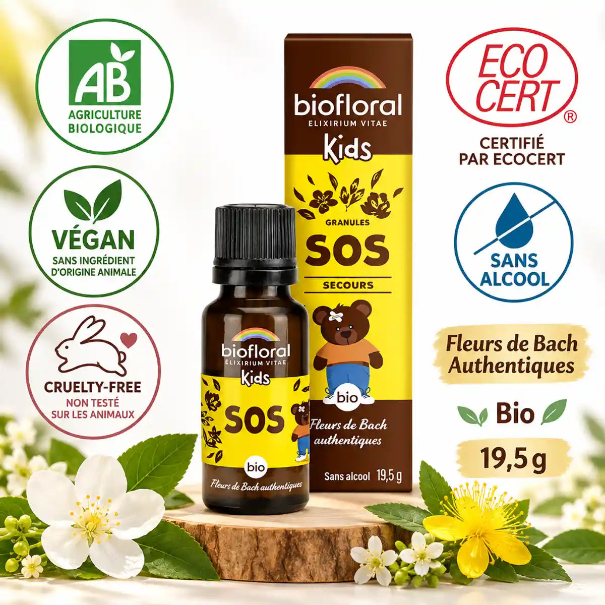 Biofloral SOS Secours bio granules enfants 19,5g, certifié bio, vegan, sans alcool