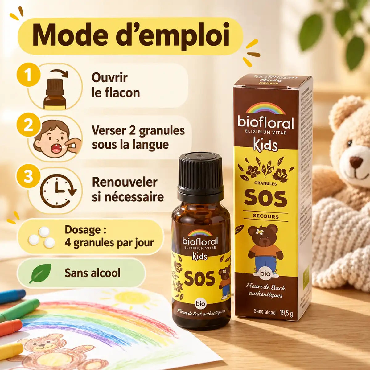 Granules Sos Secours Bio Biofloral pour enfants, 19,5 g, flacon et boîte sur table en bois, mode d'emploi illustré en français