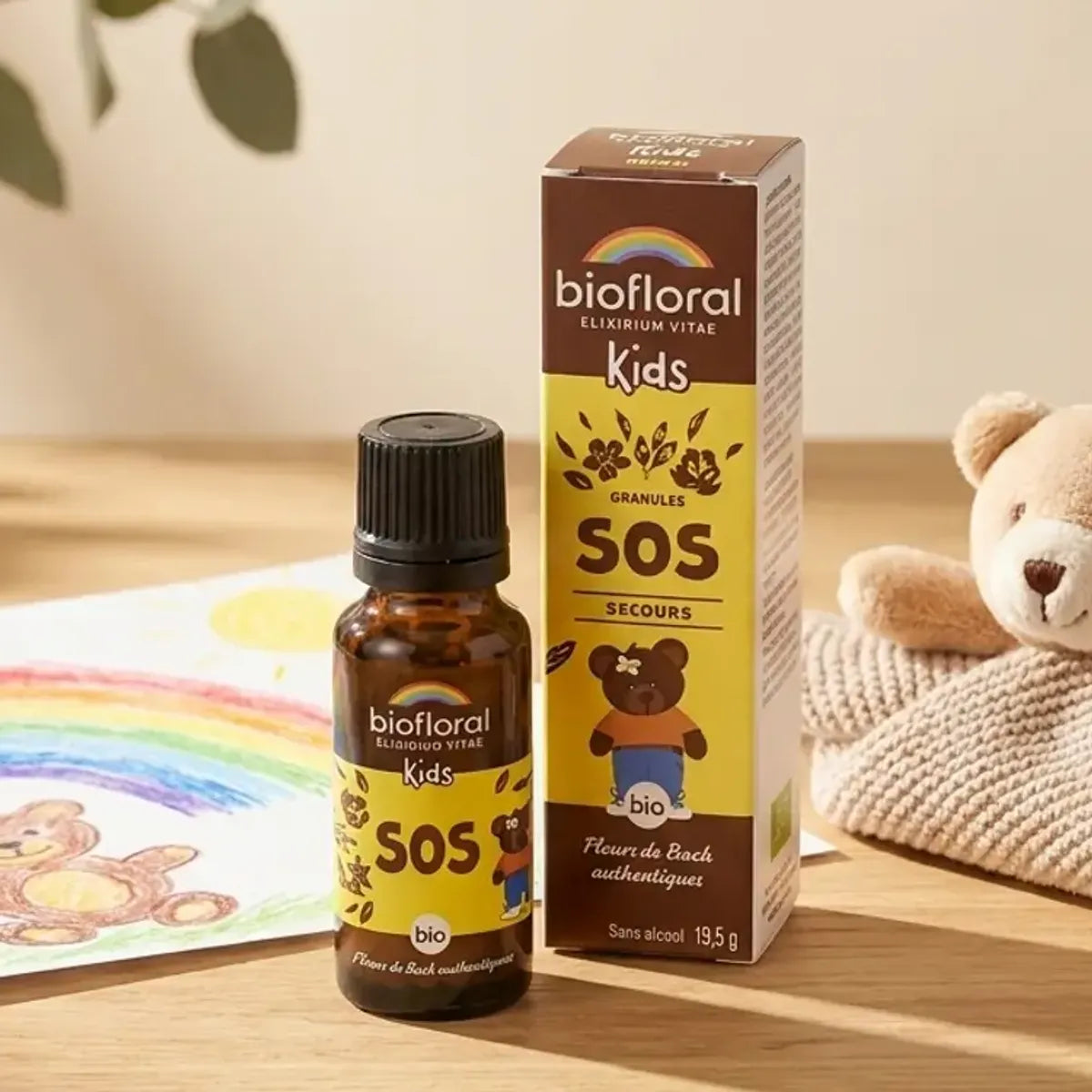 Granules Biofloral SOS secours bio enfants 19,5g avec boîte sur bureau bois