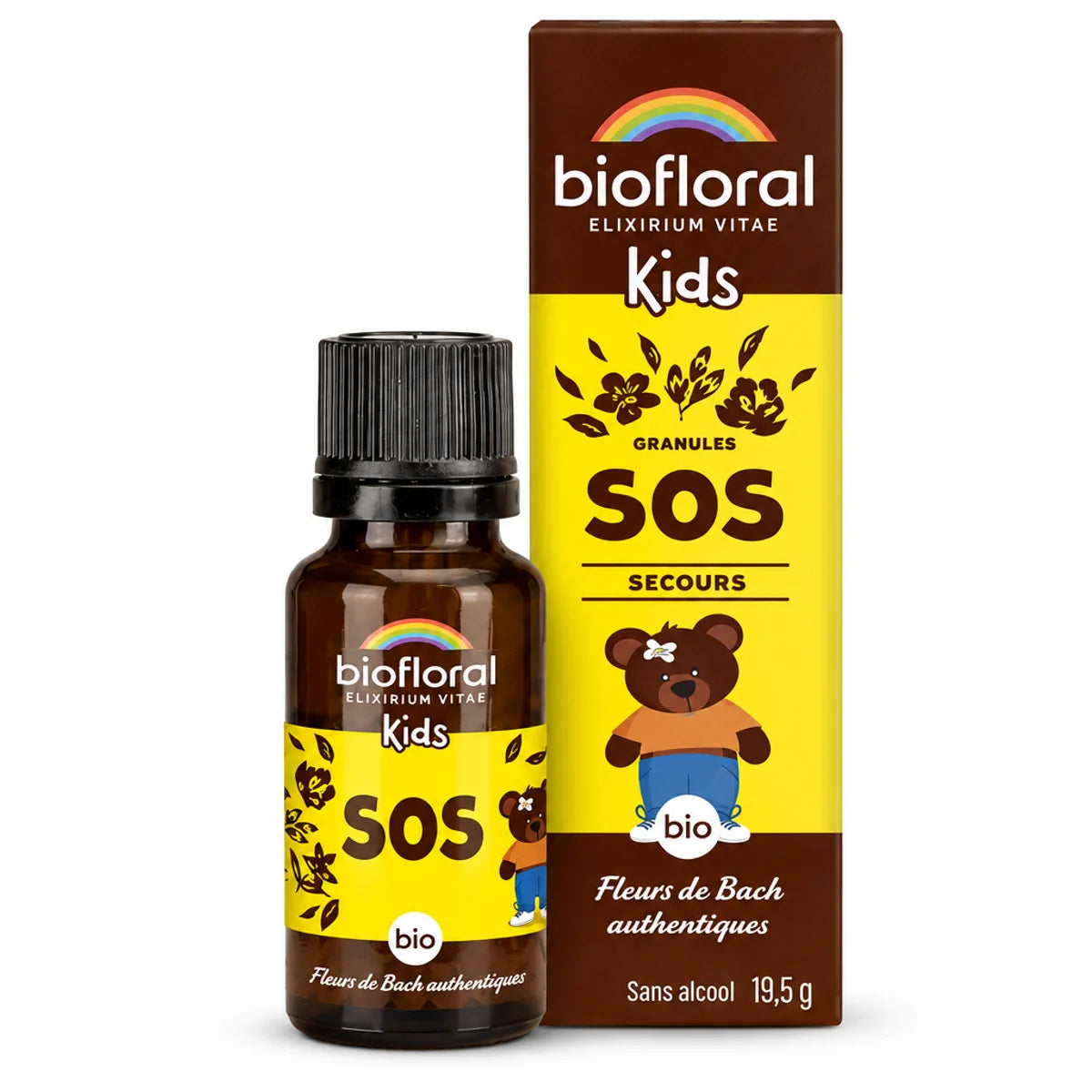 Biofloral SOS Secours granules bio pour enfants 19,5g flacon packaging jaune brun