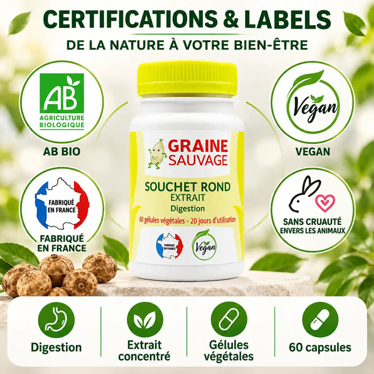 Souchet rond 60 gélules Graine Sauvage avec certifications bio vegan France cruelty-free