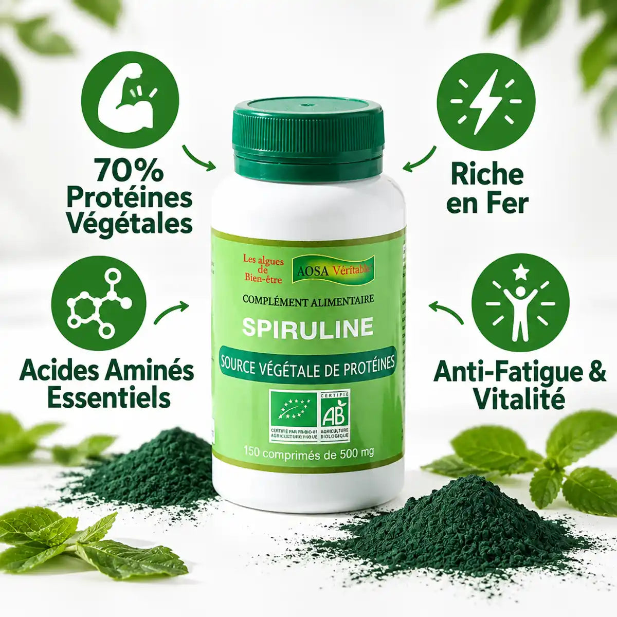Spiruline bio en comprimés - Bouteille avec bénéfices : protéines, fer, acides aminés, vitalité