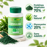 Spiruline bio en comprimés AOSA avec infographie bénéfices : protéines, fer et phycocyanine