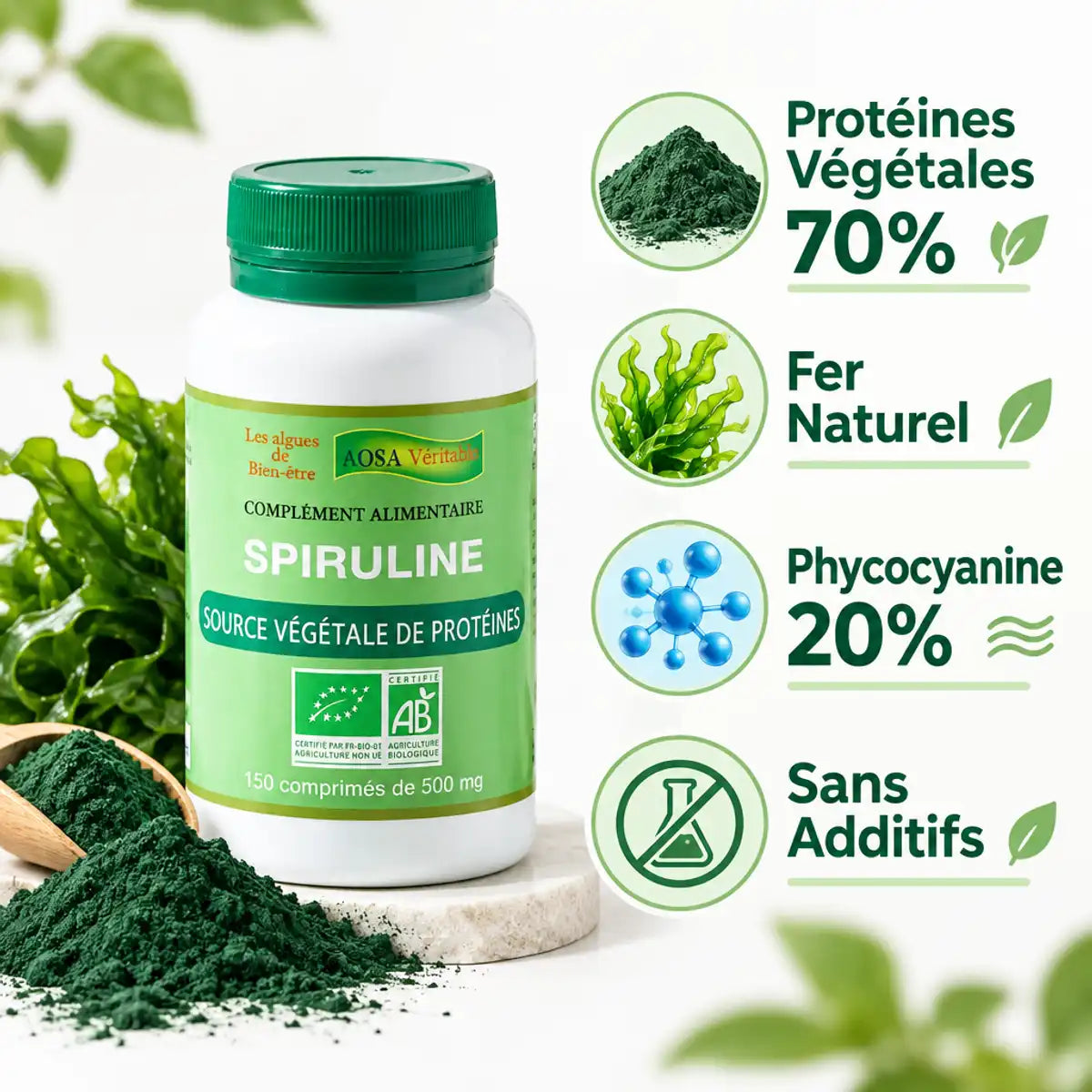 Spiruline bio en comprimés AOSA avec infographie bénéfices : protéines, fer et phycocyanine