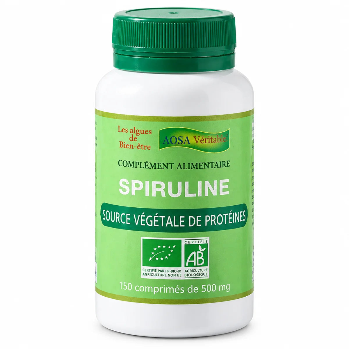 Flacon de spiruline bio en comprimés AOSA avec bouchon vert sur fond blanc
