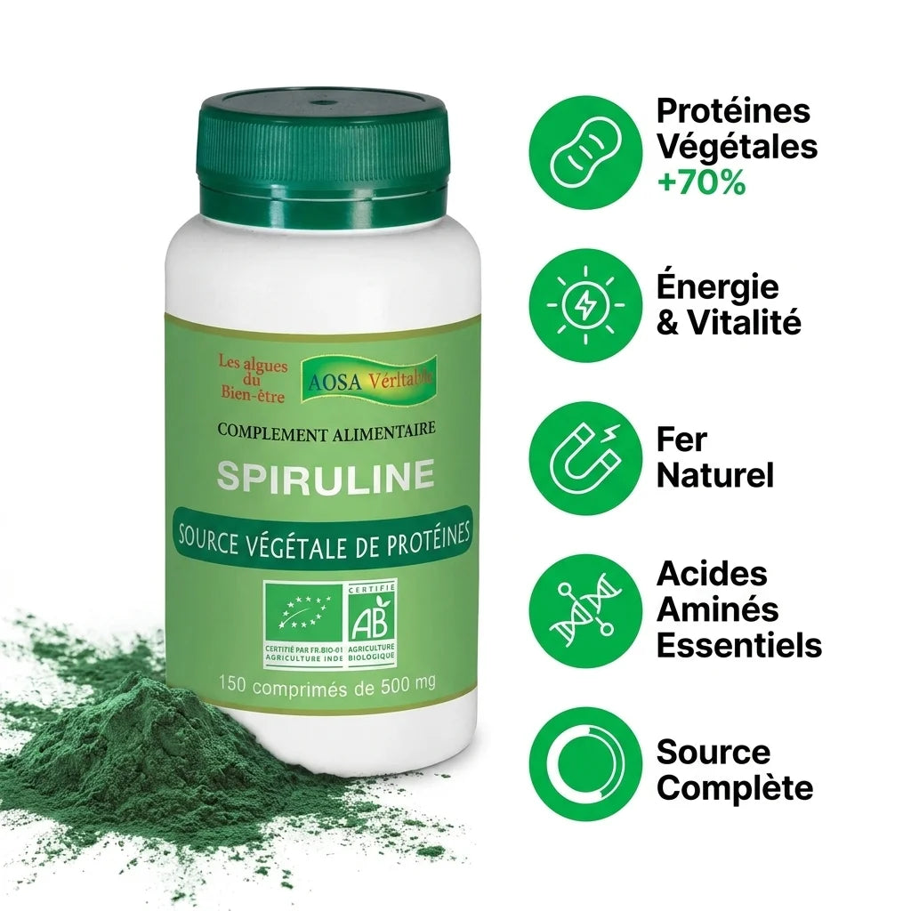 Spiruline bio en comprimés AOSA avec bénéfices : protéines, énergie, fer et acides aminés essentiels