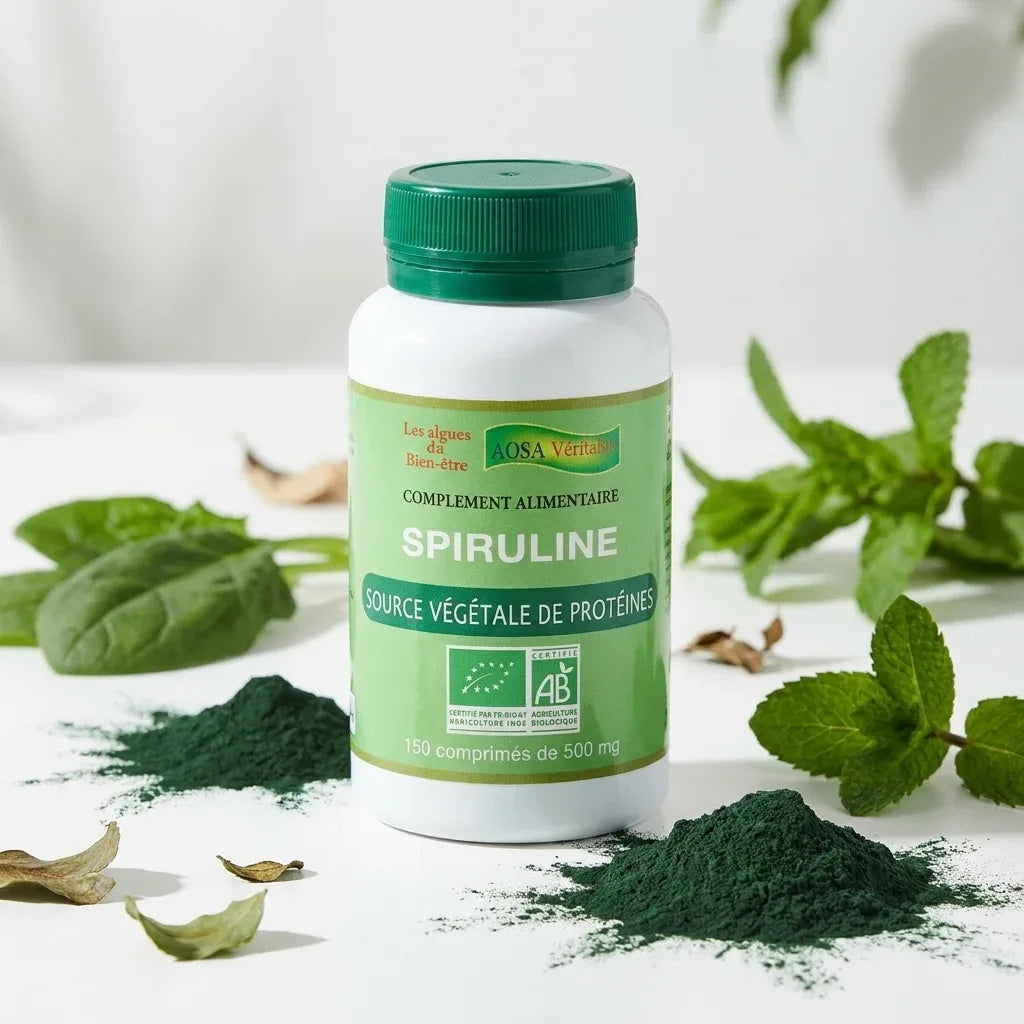Complément spiruline bio vegan en comprimés avec poudre et herbes fraîches
