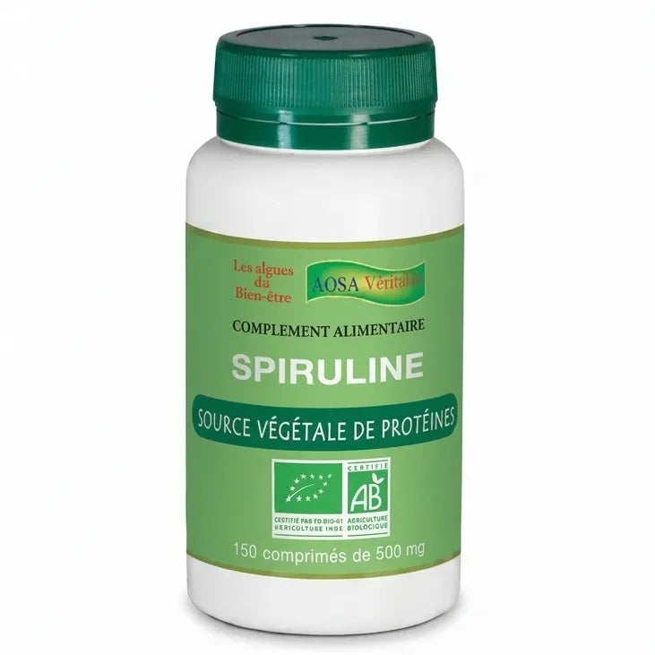 Spiruline bio vegan en comprimés 500mg AOSA Véritable flacon blanc avec bouchon vert