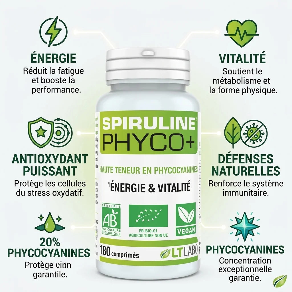Spiruline Phyco+ bio 180 comprimés avec bénéfices : énergie, vitalité, antioxydant et défenses naturelles