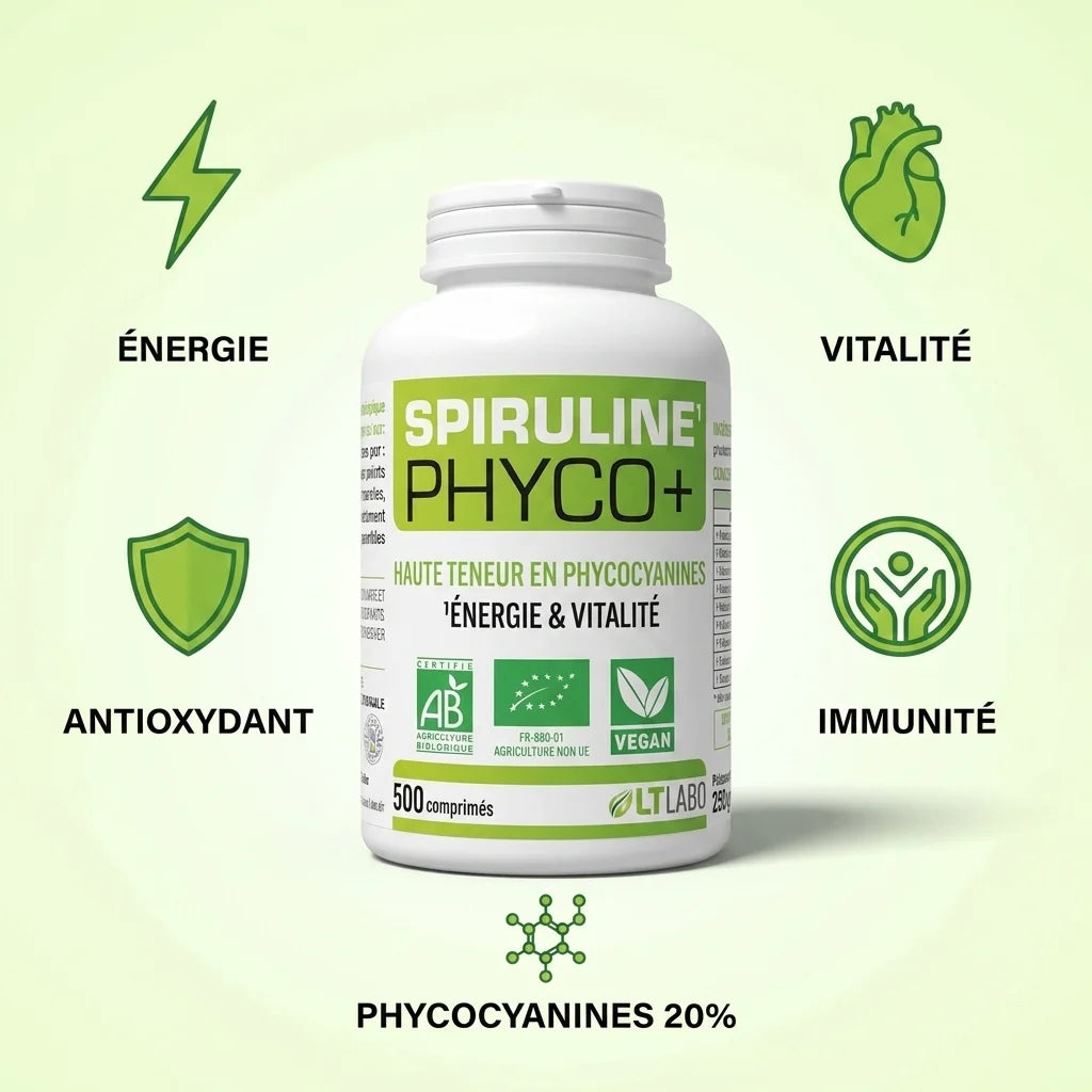 Spiruline Phyco+ Bio 500 comprimés avec icônes bénéfices énergie, vitalité et immunité