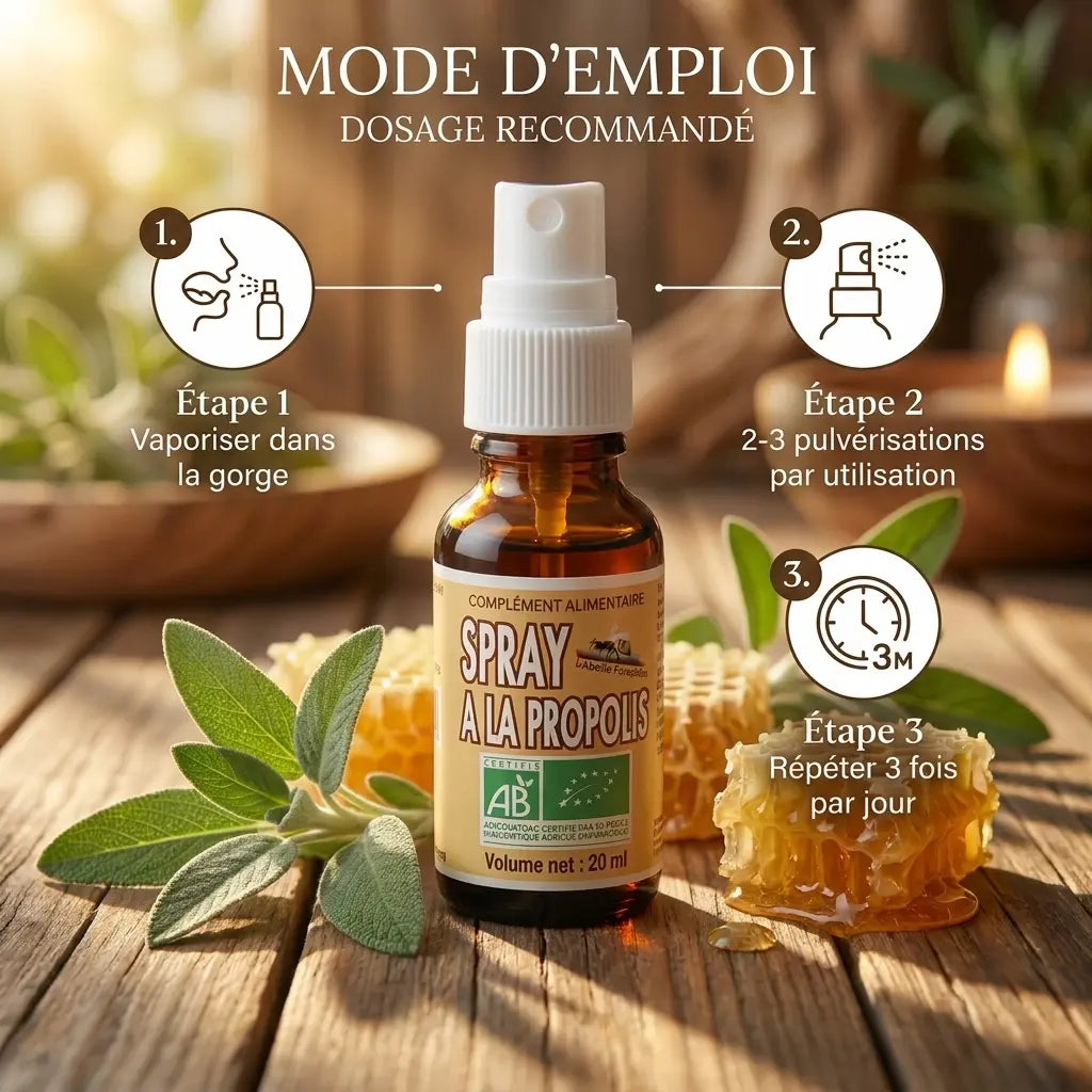 Spray à la Propolis bio Abeille Forestière avec mode d'emploi et dosage recommandé sur surface bois