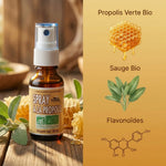 Spray à la Propolis bio en flacon verre avec ingrédients naturels et labels certification