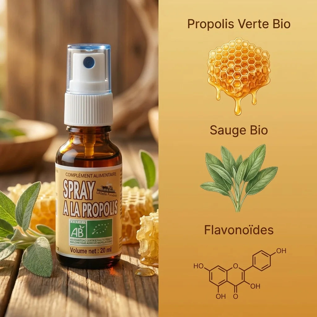 Spray à la Propolis bio en flacon verre avec ingrédients naturels et labels certification