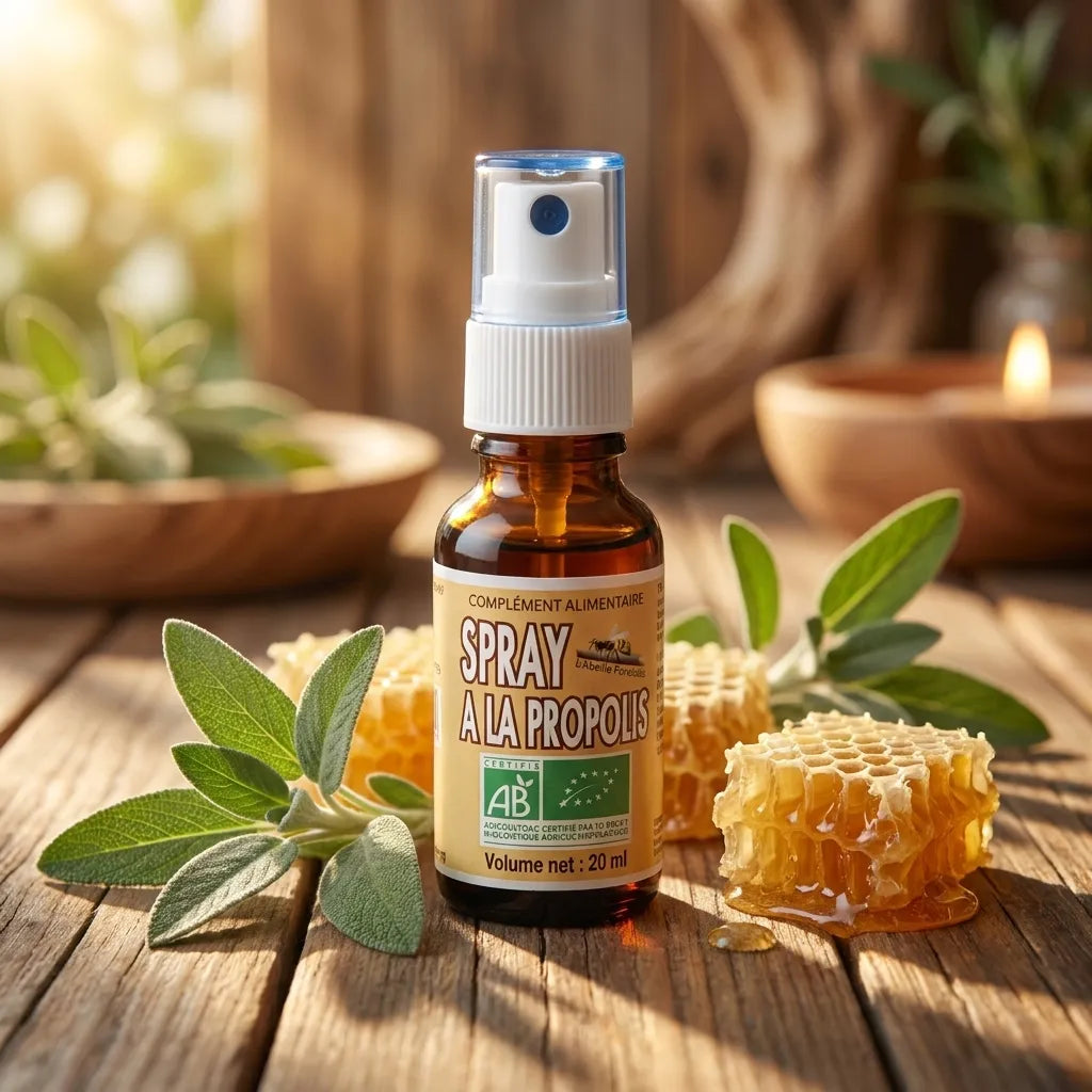 Spray propolis bio sur surface bois avec feuilles de sauge et miel, ambiance bien-être naturelle