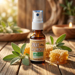 Spray propolis bio sur surface bois avec feuilles de sauge et miel, ambiance bien-être naturelle