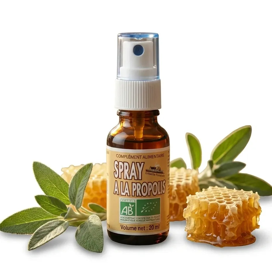 Spray à la propolis bio en flacon verre ambré avec pompe blanche et bouchon bleu
