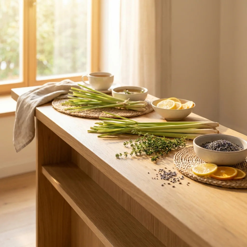 Spray ambiance lemongrass serpolet avec herbes aromatiques fraîches et tranche de citron sur surface bois