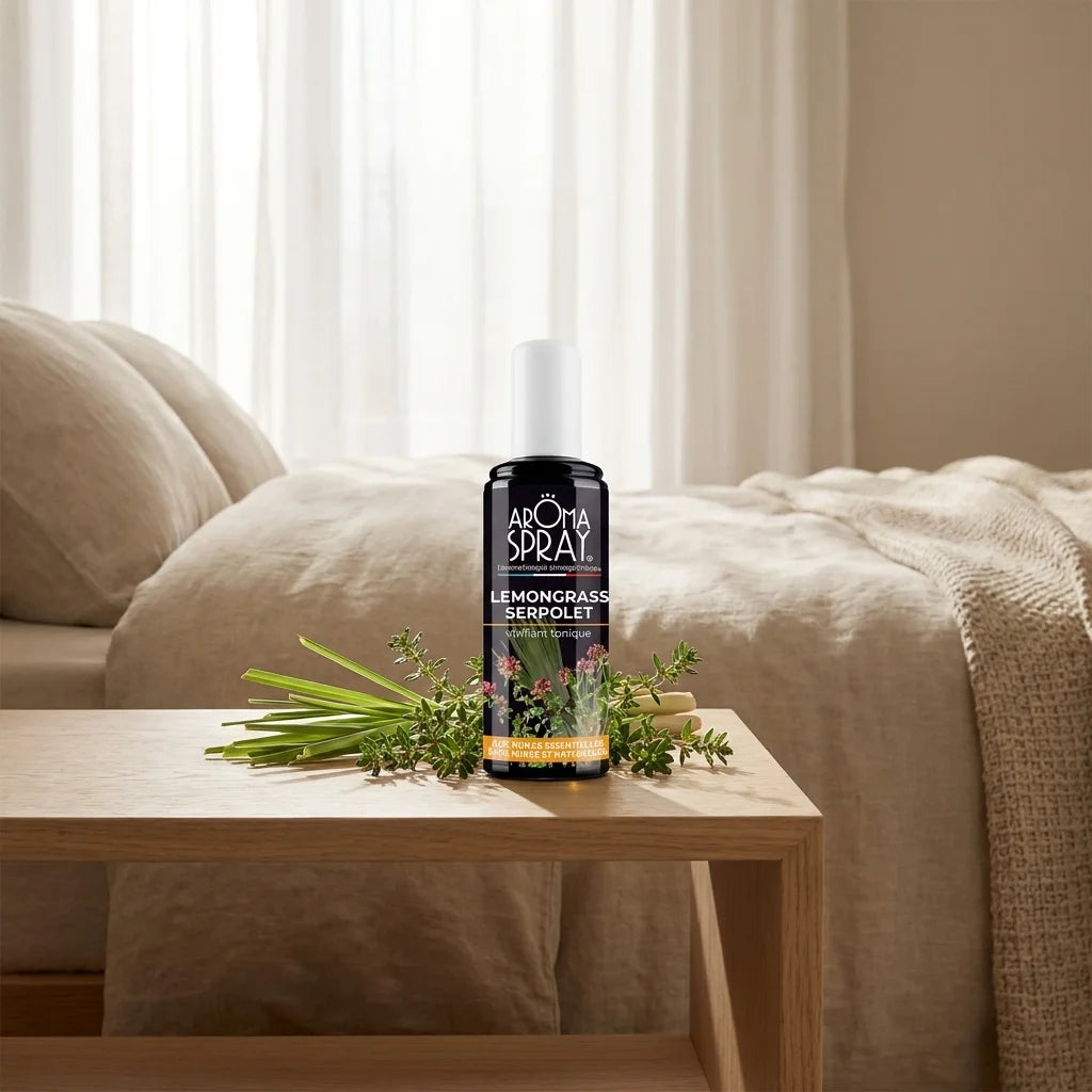 Spray Ambiance Lemongrass Serpolet Aromaspray sur table de nuit avec herbes fraîches