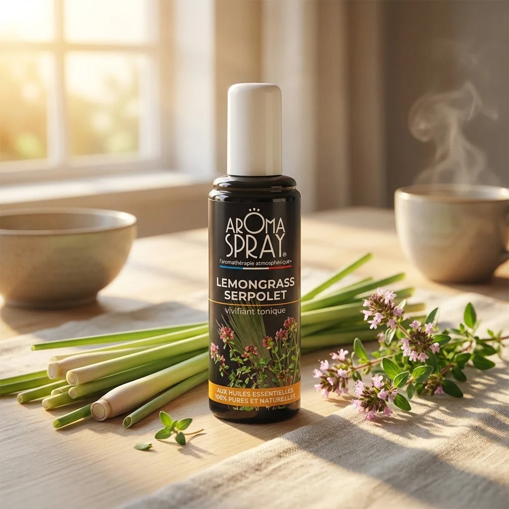 Spray Ambiance Lemongrass Serpolet Aromaspray avec herbes fraîches et lumière naturelle