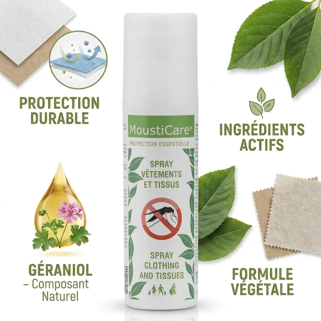 Spray Mousticare anti-insectes pour vêtements avec géraniol naturel et ingrédients actifs