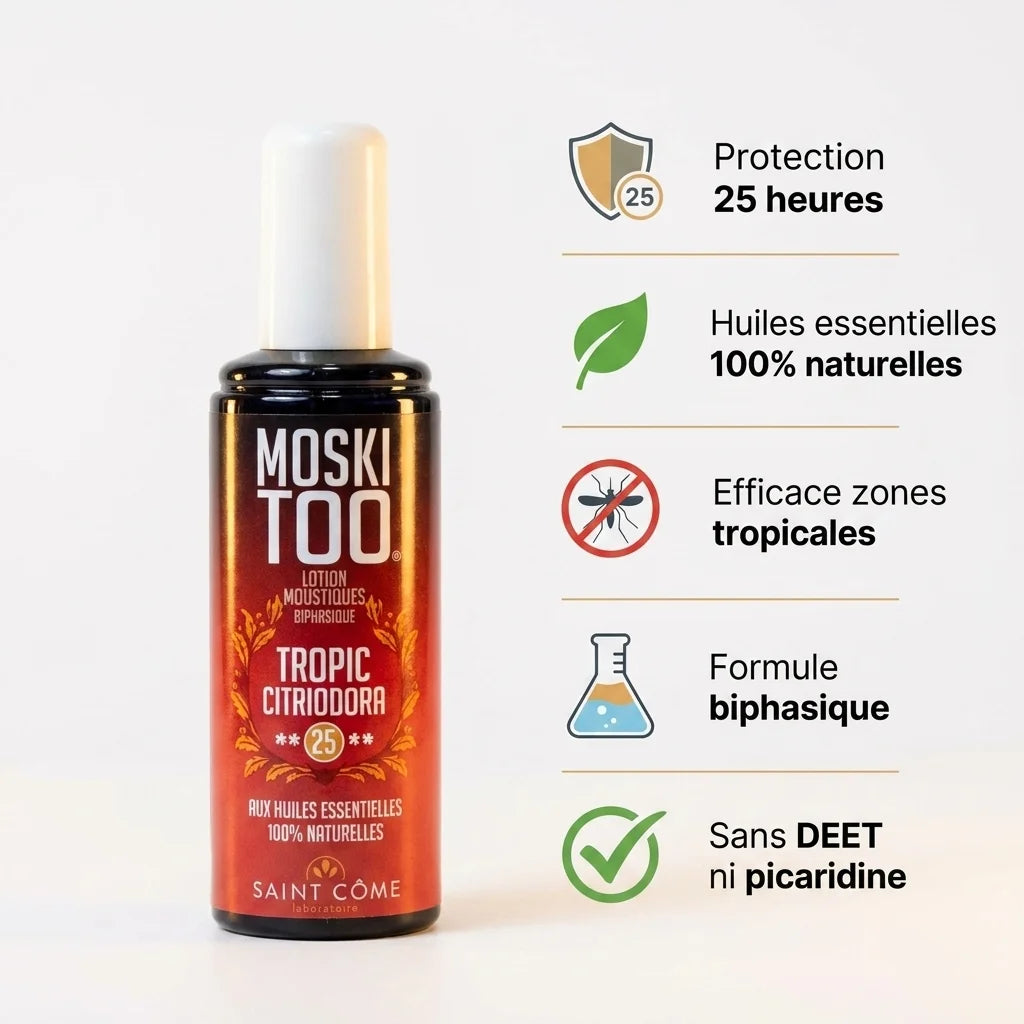 Spray anti-moustiques Moskitoo Tropic Citriodora avec bénéfices: protection 25h, huiles essentielles naturelles, sans DEET