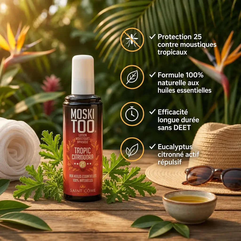 Spray Moskitoo anti-moustiques naturel aux huiles essentielles sur surface bois avec herbes tropicales