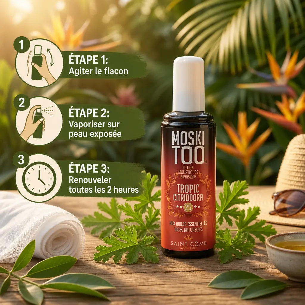 Spray anti-moustiques Moskitoo Tropic Citriodora avec instructions d'utilisation et éléments naturels