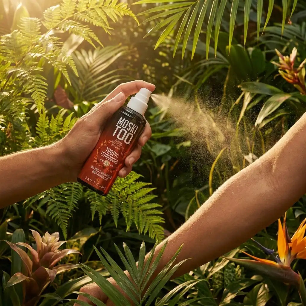 Spray anti-moustiques Moskitoo appliqué sur un bras en jardin tropical avec feuillage luxuriant