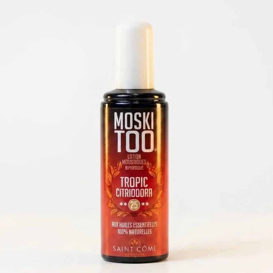 Spray anti-moustiques Moskitoo Tropic Citriodora, flacon avec étiquette dégradé rouge orange et bouchon doré