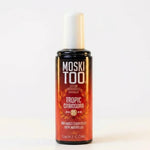 Spray anti-moustiques Moskitoo Tropic Citriodora, flacon avec étiquette dégradé rouge orange et bouchon doré