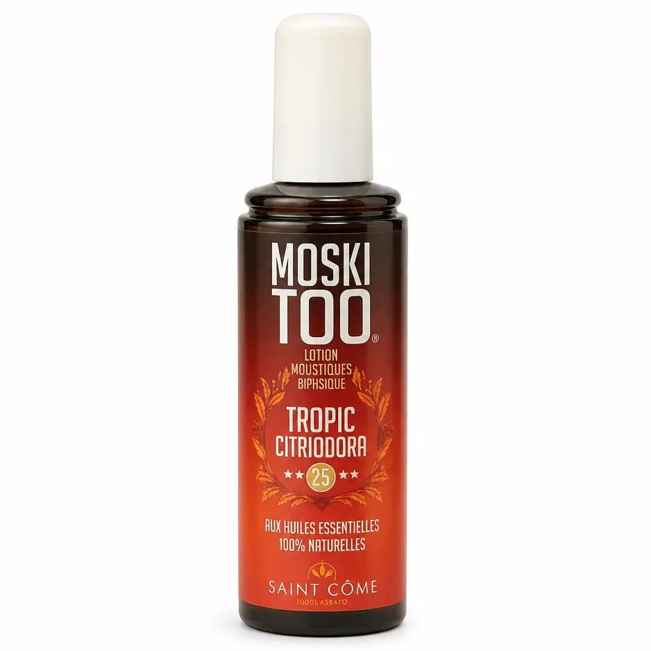 Spray anti-moustiques Moskitoo Tropic Citriodora bouteille verre ambré avec étiquette rouge-orange