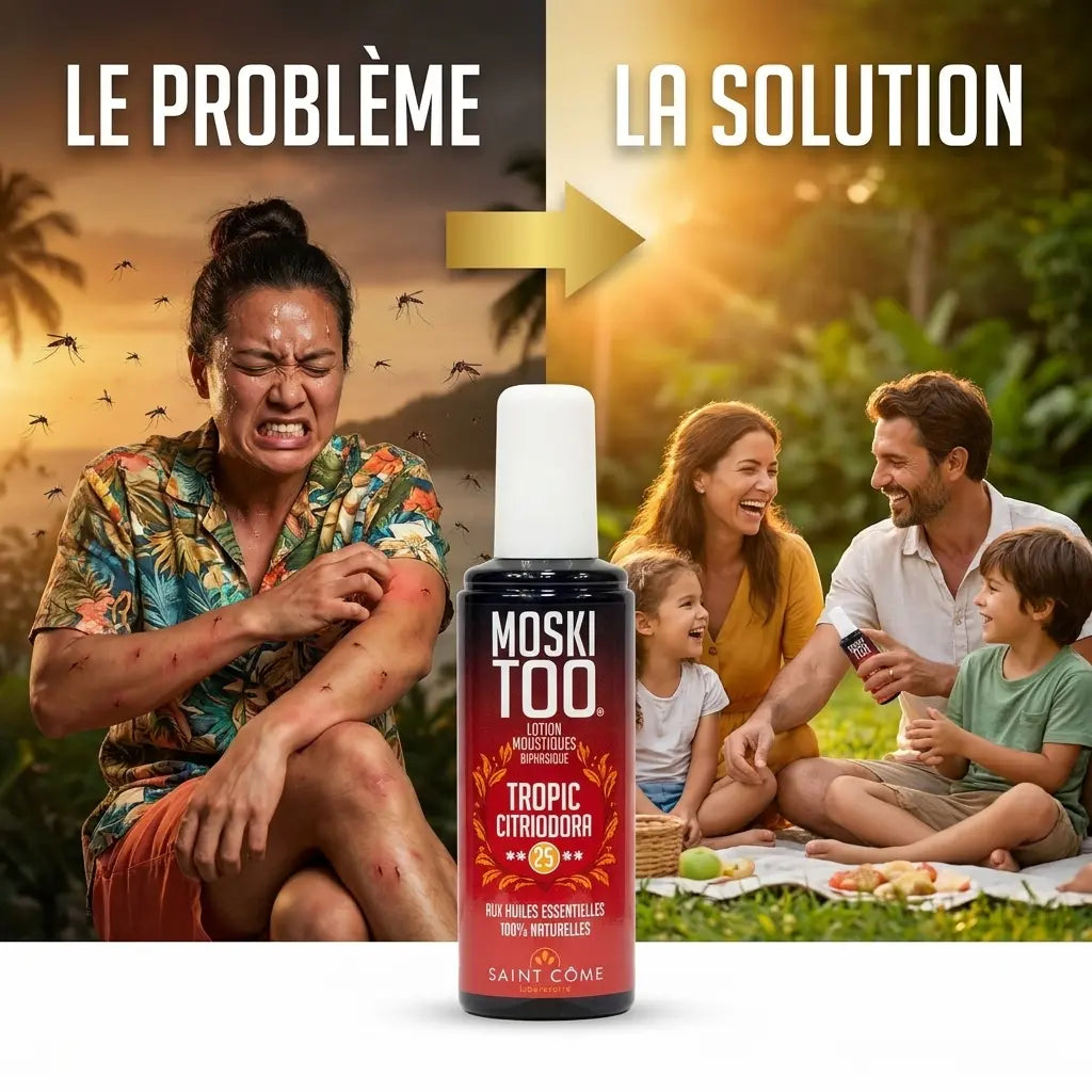 Moskitoo spray anti-moustiques : comparaison problème solution avec famille protégée en jardin tropical