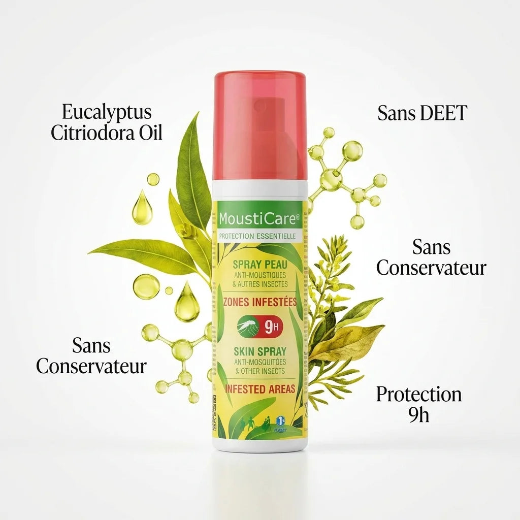 Spray anti-moustiques MoustiCare Zones Infestées 9h avec ingrédients naturels, eucalyptus citriodora