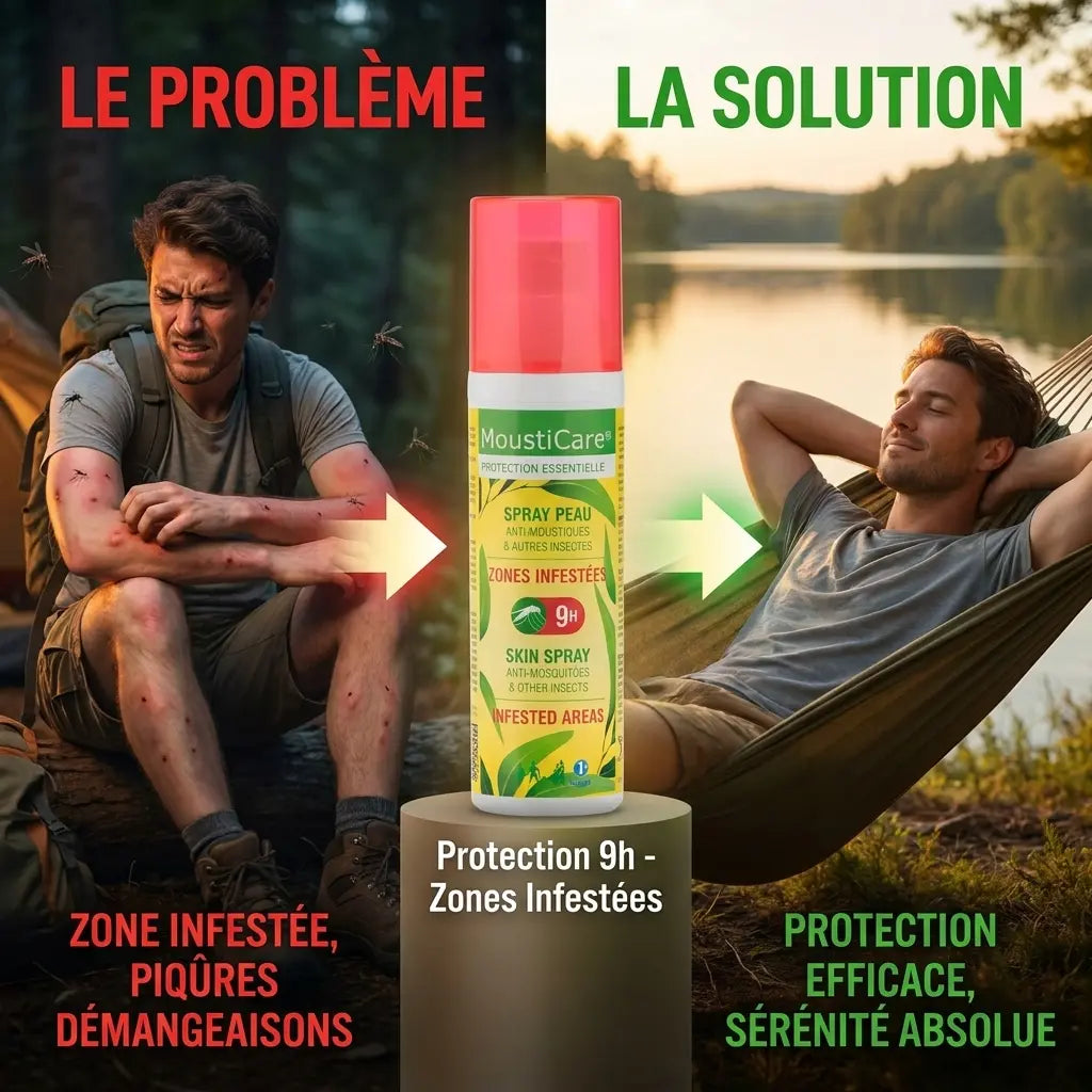 Spray MoustiCare anti-moustiques zones infestées - Protection 9h avant/après comparaison